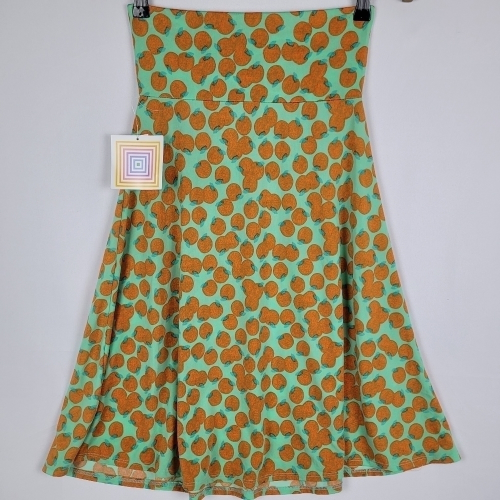 NWT LuLaRoe Womens Azure A Line Skirt Stretch Green w/ Tangerines Size XSmall